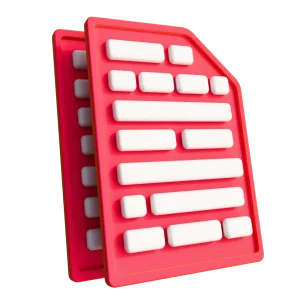 3D illustration: a red document with lines of text, minimal bureaucracy