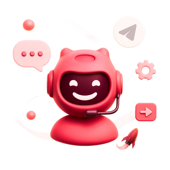 3D illustration: a smiling red robot with chat bubbles and the Telegram icon, Telegram business solutions