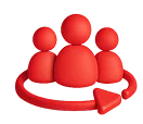3D icon: a group of red user figures with an arrow, massive audience