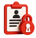 3D icon: a clipboard with a user profile and a padlock, frictionless onboarding