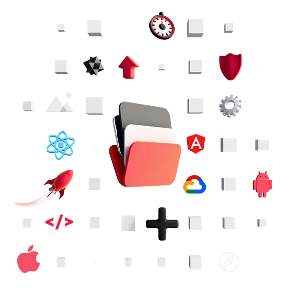 3D collage: a red folder surrounded by technology icons, React, Angular, Android, Apple, Google Cloud, a rocket, a gear and a shield