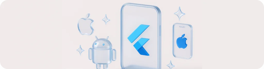 Flutter logo between Android and Apple icons: Flutter as the choice for cross-platform mobile apps