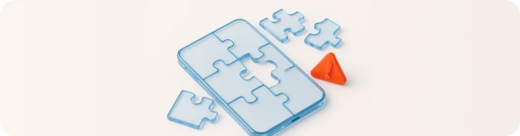 Blue puzzle pieces with one piece out of place: cover of the article on 7 critical mistakes when ordering a mobile app