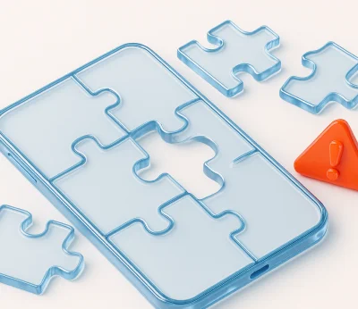 Blue puzzle pieces with one piece out of place: cover of the article on 7 critical mistakes when ordering a mobile app