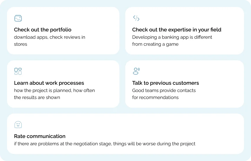 Checklist for choosing a mobile development team: portfolio, domain expertise, work processes, references, communication