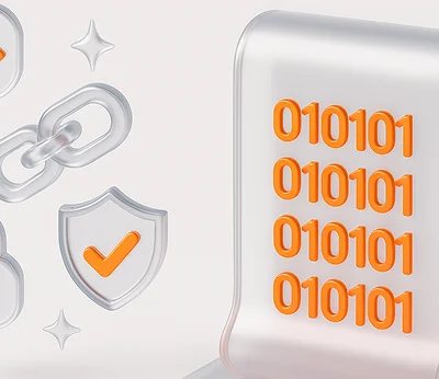 3D illustration: code, a lock, a chain and a scroll with binary digits, smart contracts in business