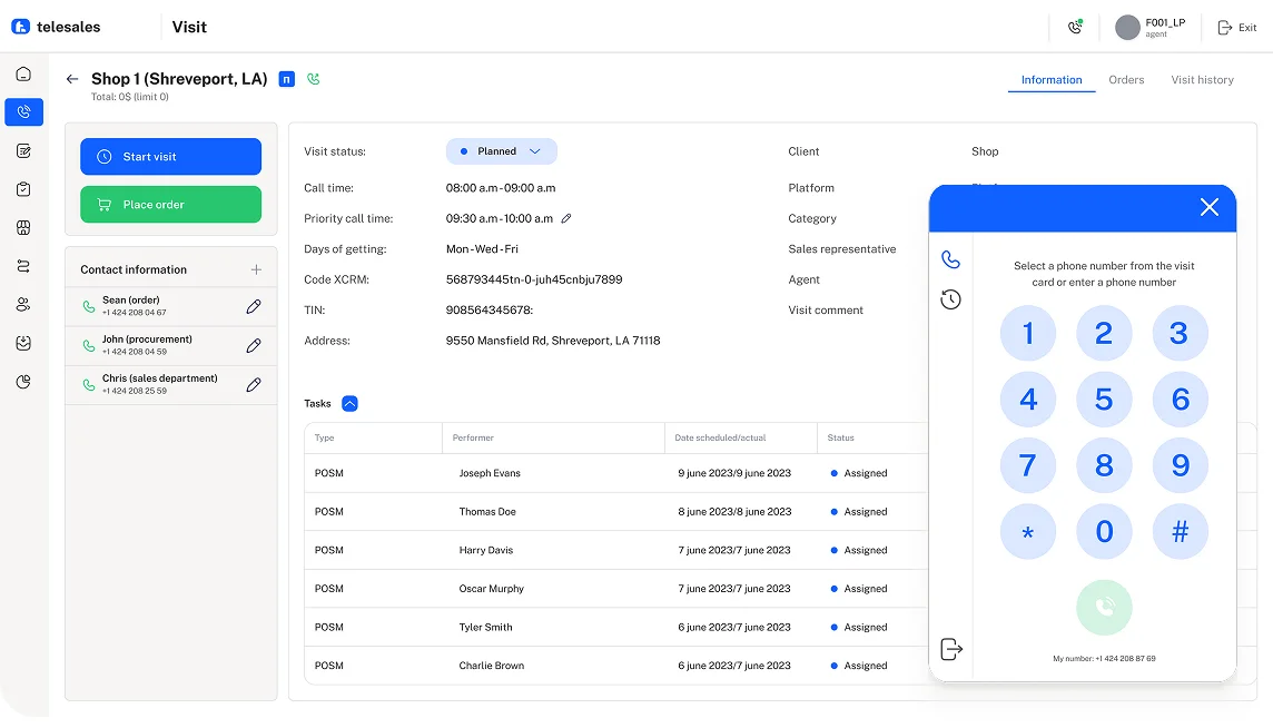 Distributor CRM: shop card with contacts and a built-in dialer for calls