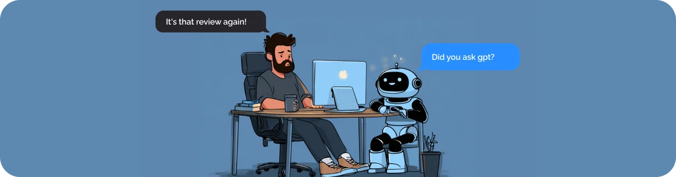 Illustration: a developer at a laptop talking to an AI assistant robot, cover of the 48-hour hackathon article