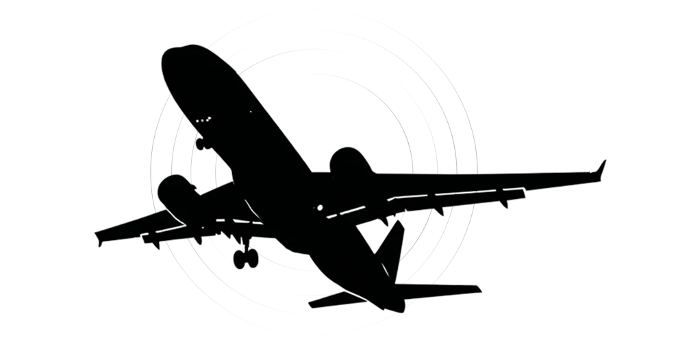Black silhouette of an airliner with radar circles, conclusions of the aviation museum game case