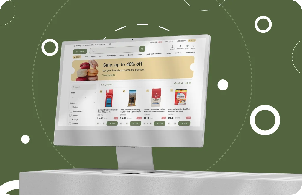 Desktop screen with the retail platform catalogue on a green background, 400,000 retailers case