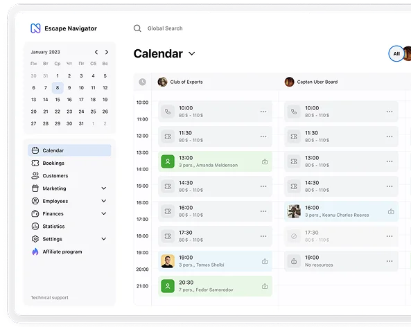 Calendar interface in the Escape Navigator CRM for managing escape room bookings