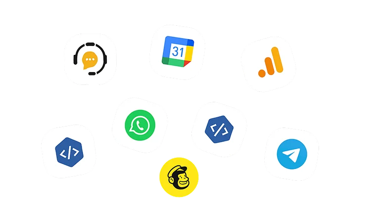 Integration icons: Google Calendar, Google Analytics, WhatsApp, Telegram, Booking and code APIs