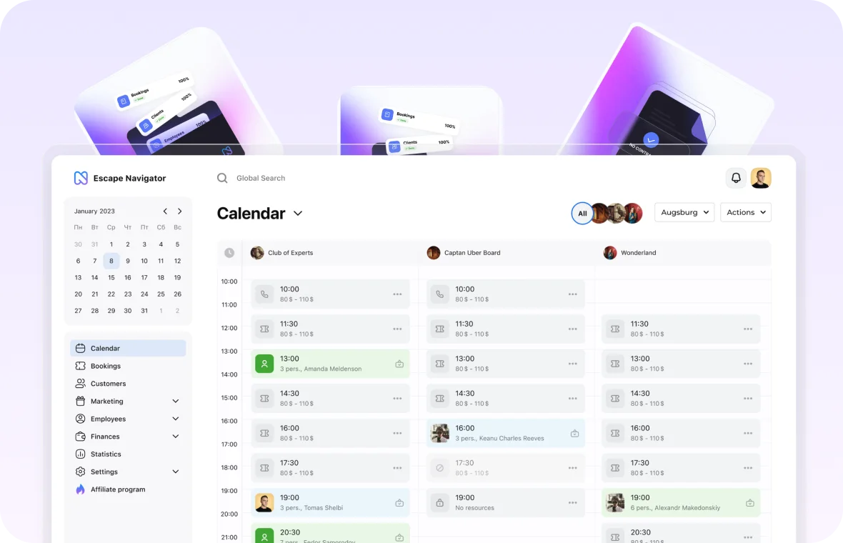 Escape Navigator CRM: calendar and bookings screen for escape rooms