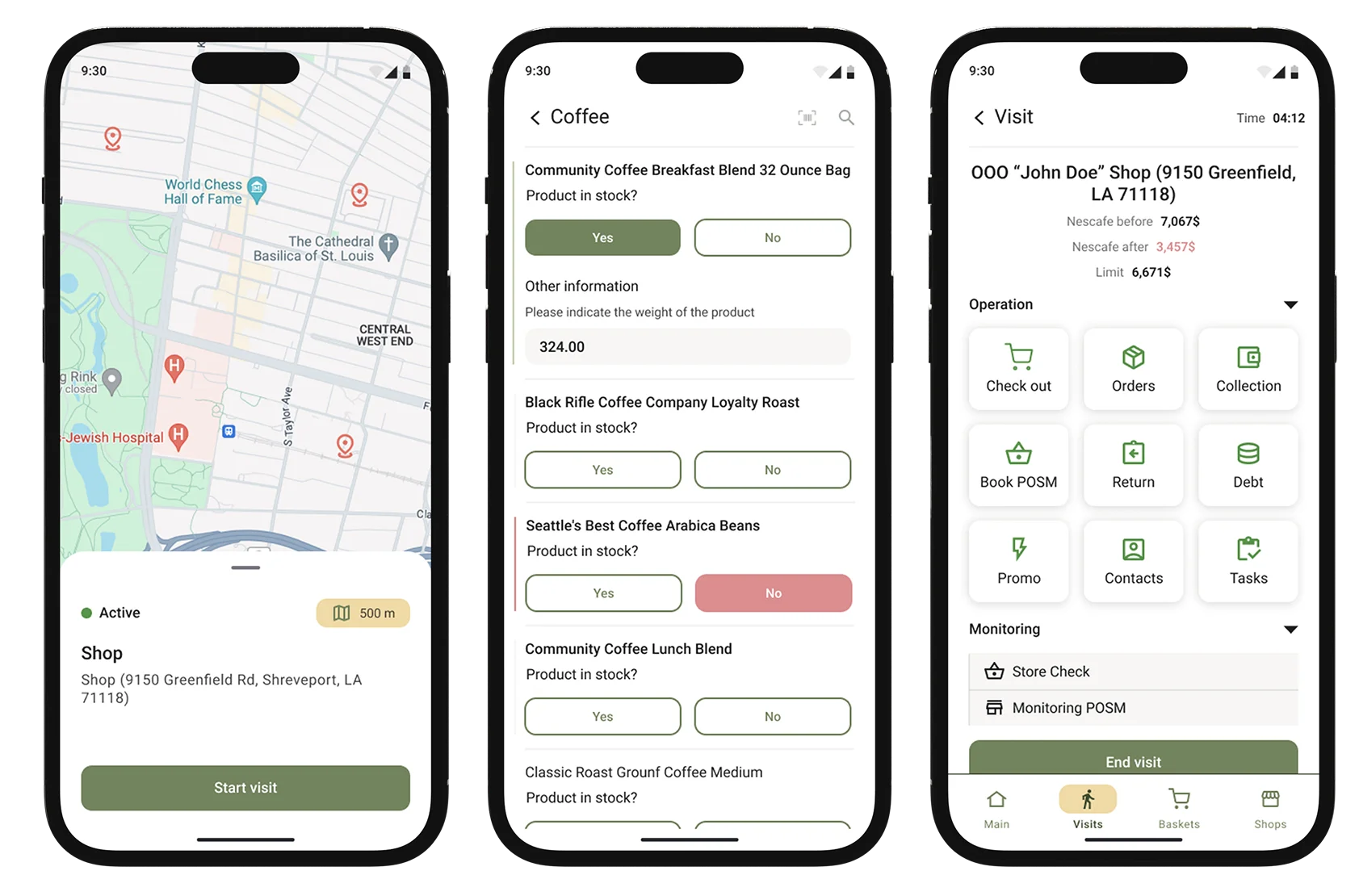 Three smartphone screens of the field sales app: map of visits, shop card and visit checklist