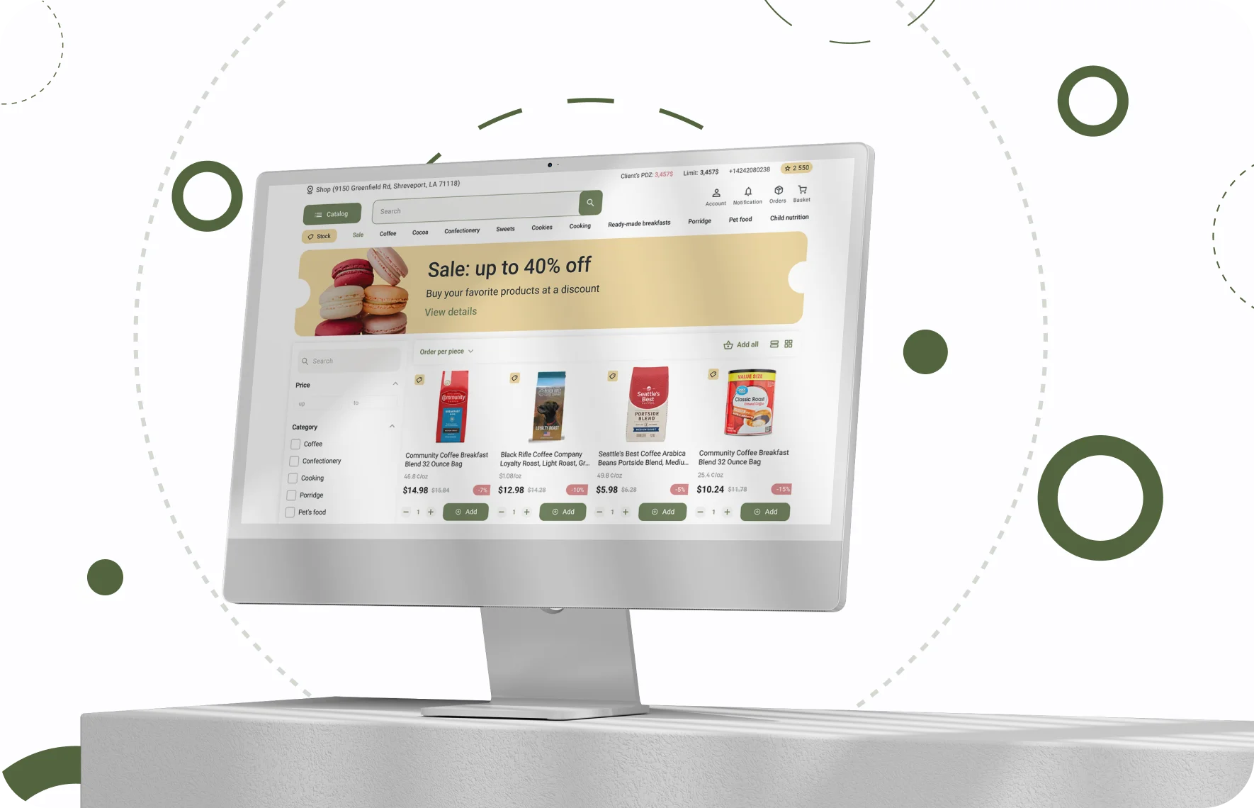 Desktop screen with the retail platform catalogue on a light background, case preview