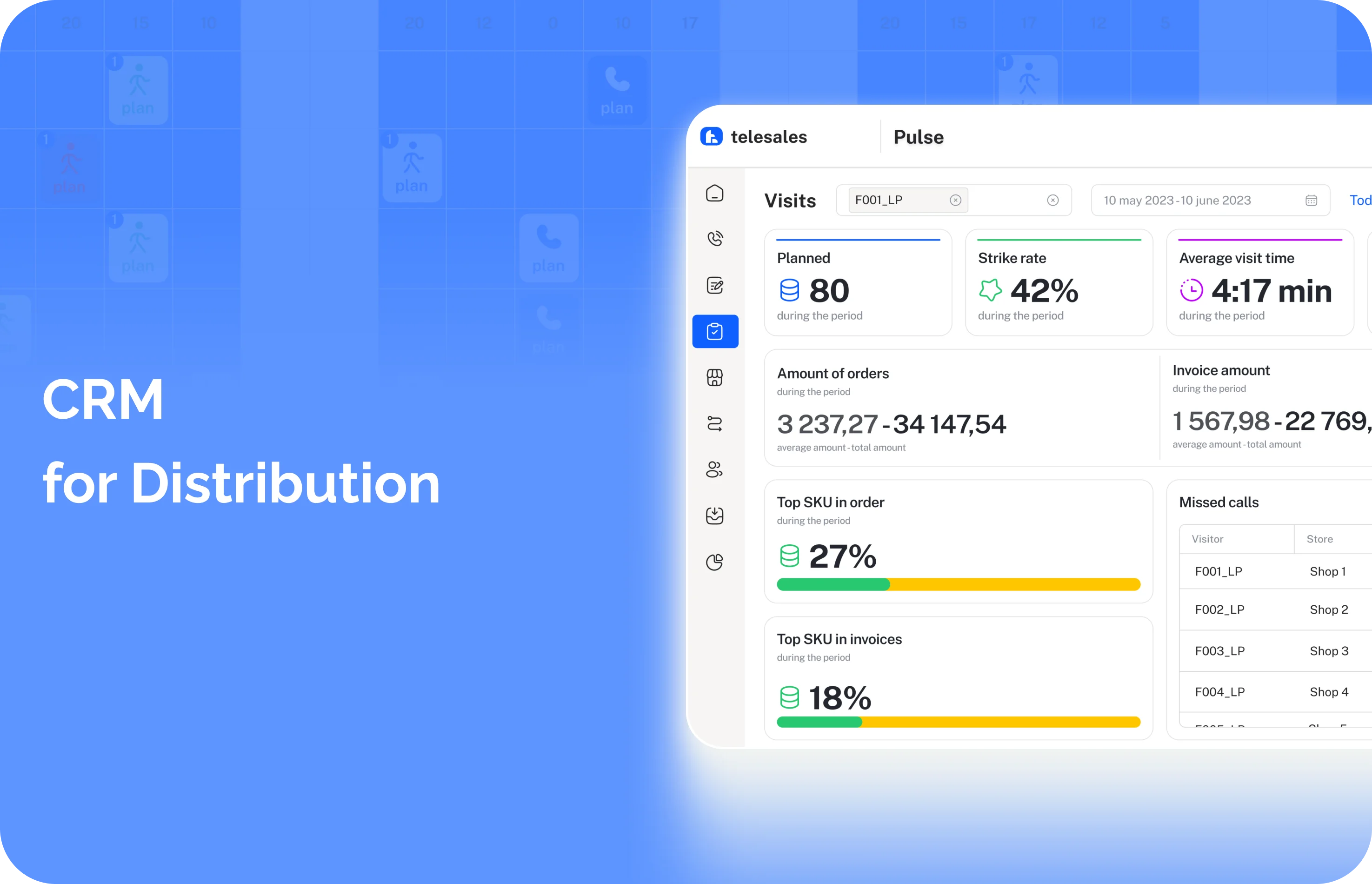CRM for distribution: cover with a dashboard screenshot on a blue background, case preview