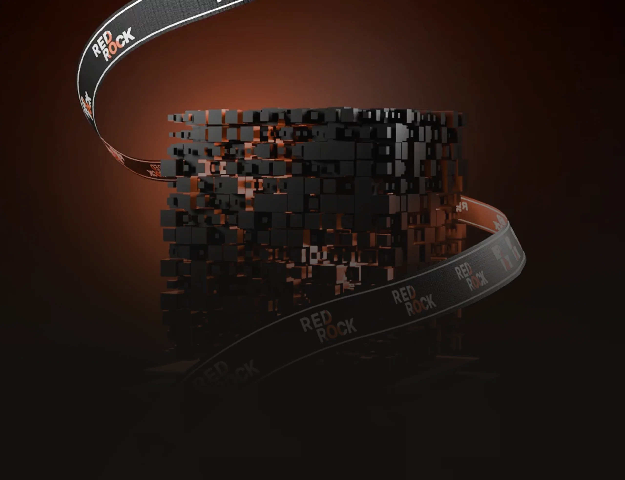 3D render of a bitcoin coin breaking into cubes with a ribbon, Red Rock Pool