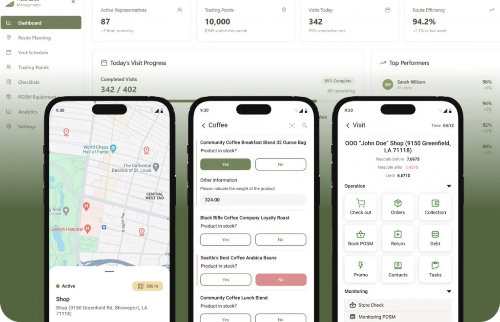 Three smartphones with the sales force automation app over a dashboard, SFA case preview