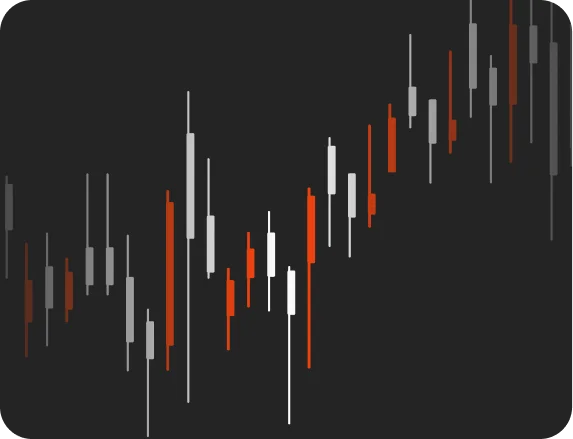 Candlestick chart in orange and white on a dark background, SniperBot
