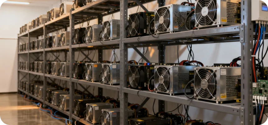 Photo: racks of ASIC miners in an industrial mining facility