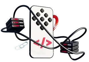 3D illustration: a smartphone with a code tag wrapped in cables connected to servers, mobile APIs
