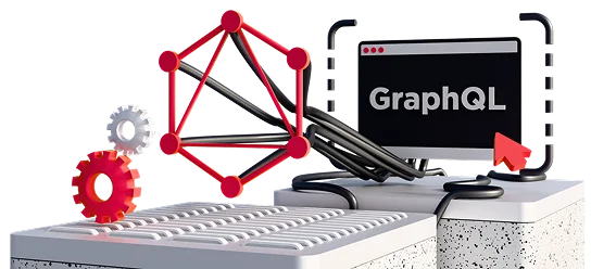 3D illustration: a GraphQL diagram next to a screen and a gear, GraphQL API development