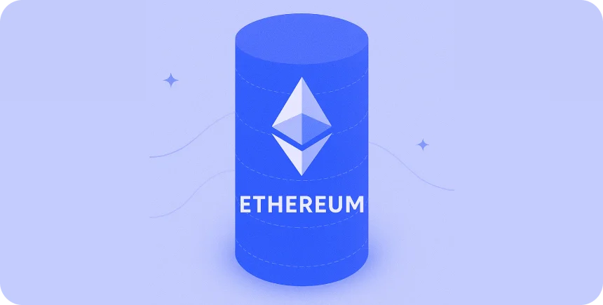 Ethereum logo on a blue cylinder: Ethereum network for smart contracts