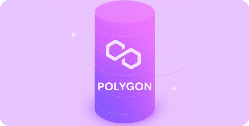 Polygon logo on a purple cylinder: Polygon network for smart contracts