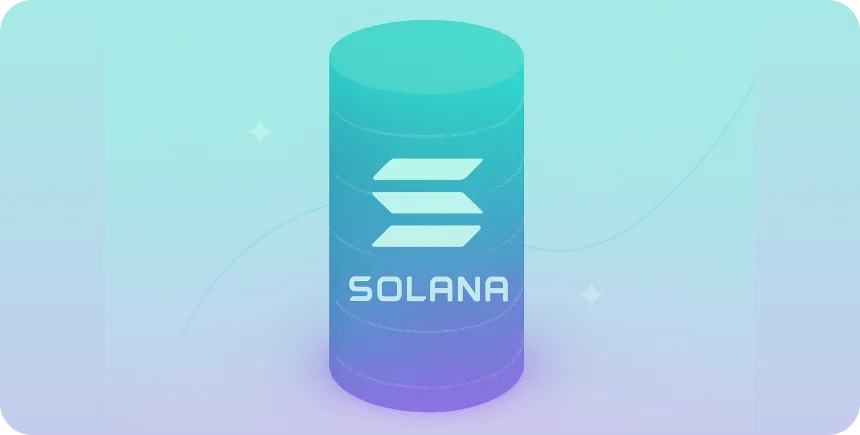 Solana logo on a turquoise cylinder: Solana network for smart contracts