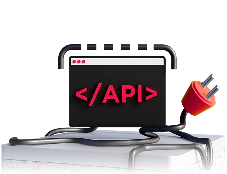 3D illustration: a browser window with an API tag and a plug with cables, API development