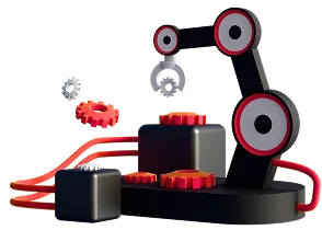3D illustration: a robotic arm over a conveyor with gears, process automation