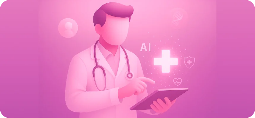 Illustration: a doctor with a tablet and an AI symbol, prospects for artificial intelligence in medicine