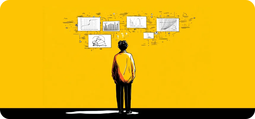 Illustration: a person looking at a wall of diagrams, the difference between a technical lead and a CEO mindset