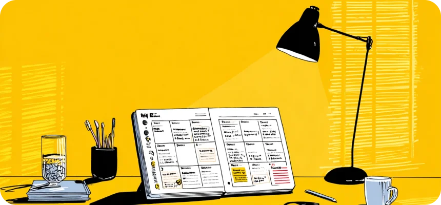 Illustration: a desk with a laptop showing a step-by-step automation plan, from audit to presentation