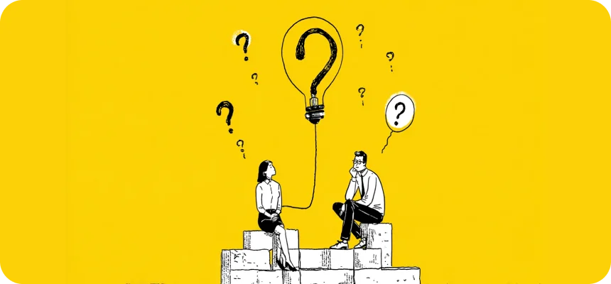 Illustration: two people with question marks, what questions the CEO will ask about an automation project