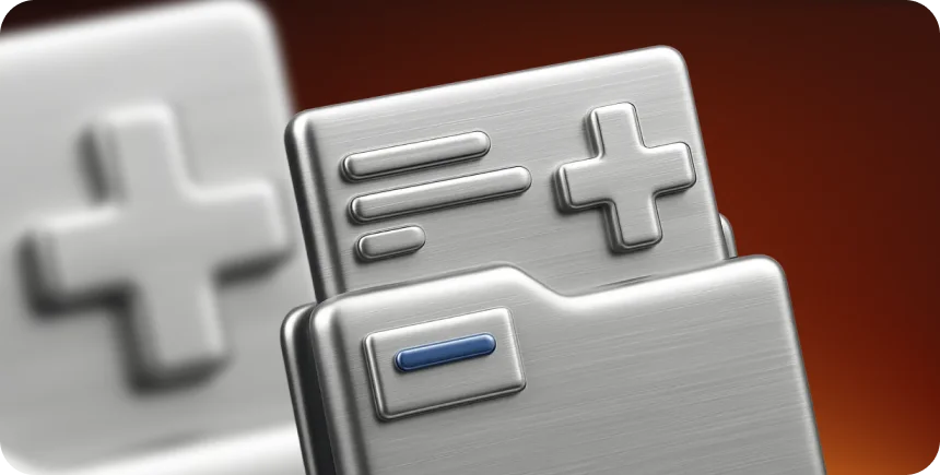 3D illustration: metal medical folders with crosses, protecting medical records with blockchain