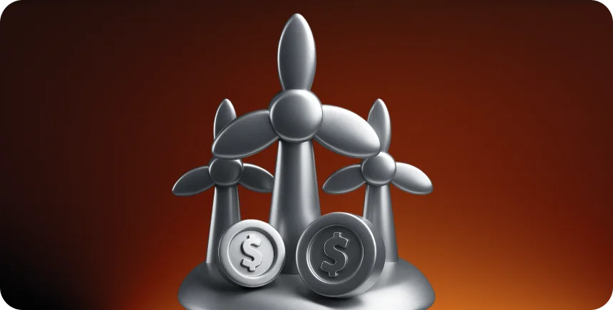 3D illustration: wind turbines and coins, peer-to-peer electricity trading on blockchain