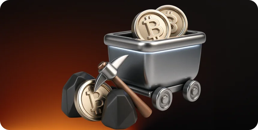 3D illustration: a mining cart with bitcoins and a pickaxe, mining pools in blockchain