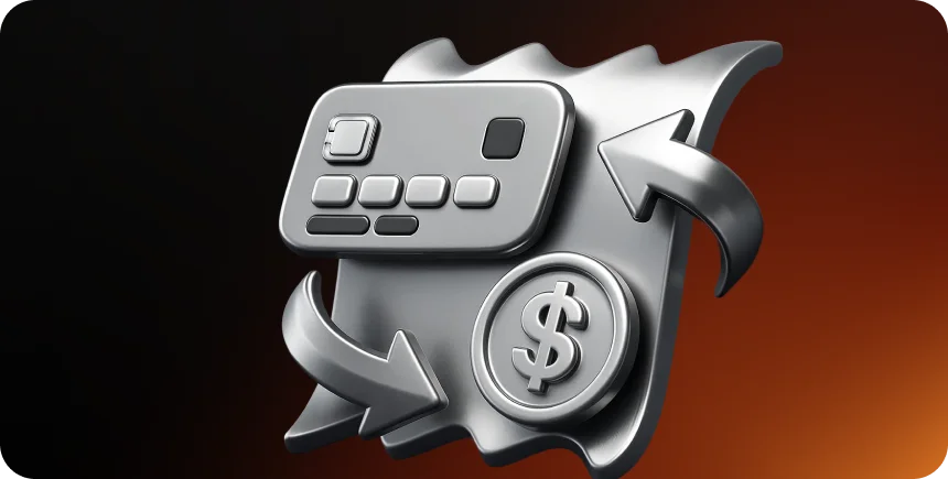 3D illustration: a bank card, a dollar coin and a payment arrow, blockchain in finance