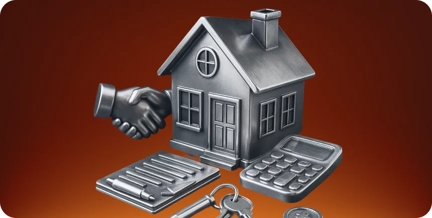 3D illustration: a handshake in front of a house, keys and a calculator, real estate tokenization