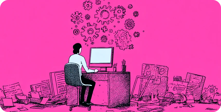 Illustration: a person working at a computer surrounded by gears and documents, conclusion of the CTO questions article