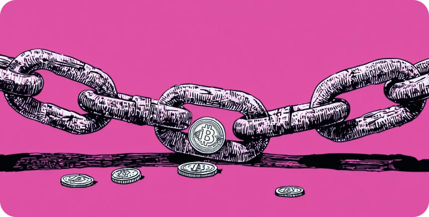 Illustration: a blockchain chain with crypto coins on a magenta background