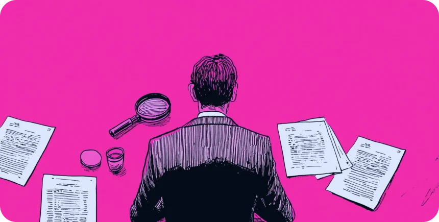 Illustration: an auditor reviewing smart contract documents with a magnifying glass