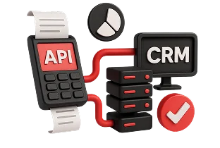 3D illustration: an API terminal connected to a CRM screen and servers, API integrations