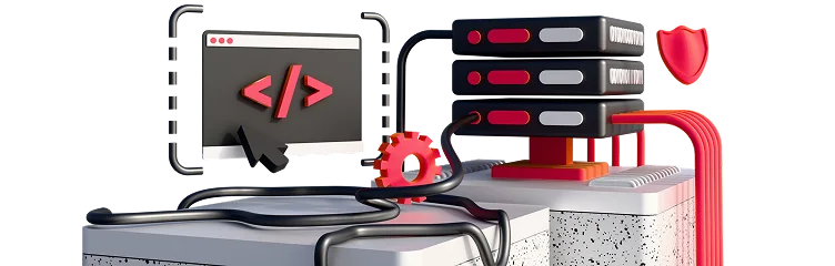 3D illustration: a code window connected to a server with a shield, REST API development