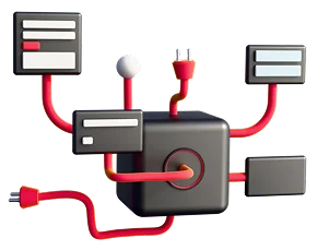 3D illustration: a device with plugs and cables connecting several modules, microservices