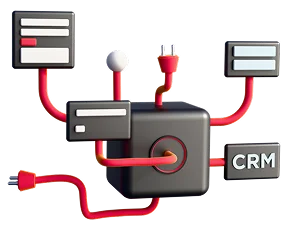 3D illustration: a device with plugs and cables connected to a CRM module, service integrations