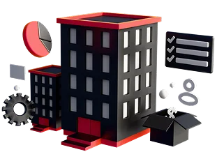 3D illustration: an office building with charts, gears and a checklist, corporate systems
