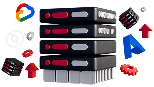 3D illustration: a server rack surrounded by Google Cloud, Azure and gear icons, server setup