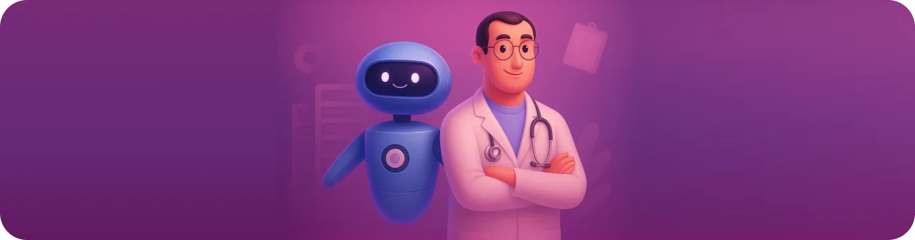 Illustration: a robot assistant next to a doctor on a purple background, cover of the article on AI in medicine